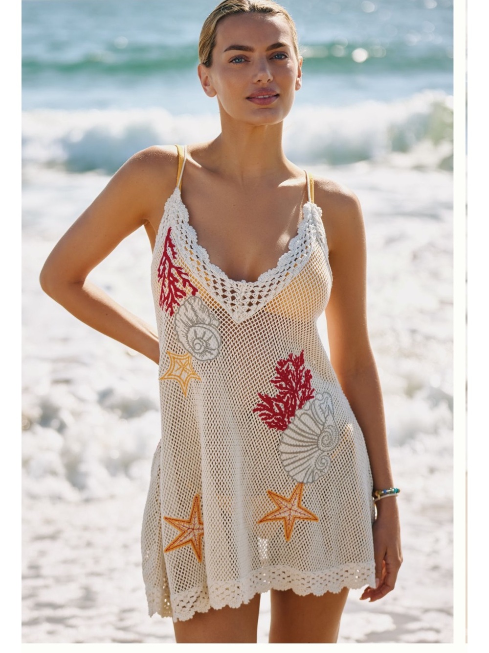 Anthropologie Cream Crochet Mesh Swim Coverup with Red and Yellow Embroidery